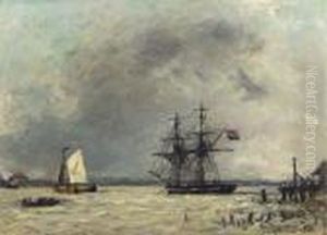 Brick Et Barques A L'embouchure D'un Fleuve, Temps Couvert, Antwerpen - De Schelde by Johan Barthold Jongkind
