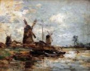 Windmuhlen Am Ufer Mit Booten by Johan Barthold Jongkind