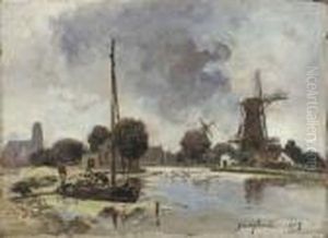 A Sailboat Moored On The Bank Of A Stream With A Windmill Beyond by Johan Barthold Jongkind