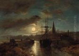 Figures On A Jetty In The Moonlit Harbour Of Harfleur