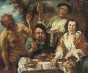 A Satyr And Three Peasants Feasting 
Oil On Canvas