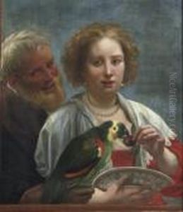 A Bearded Man And A Woman Feeding Cherries To A Parrot by Jacob Jordaens