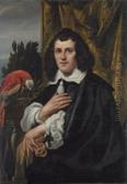Portrait Of A Young Man, 
Half-length, In Black Doublet And Cloakwith White Collar And Sleeves, 
Holding A Pair Of Gloves, A Parroton A Parapet Beside Him - view 1
