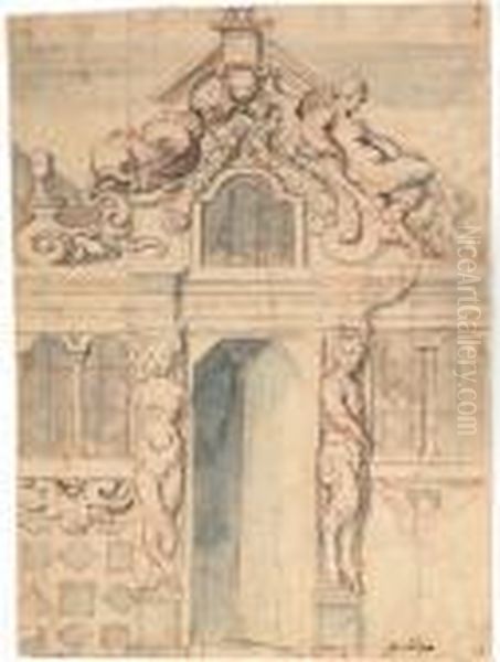An Elaborate Facade With An Open
Door Flanked By A Bacchante And A Satyr, A Window With A Broken
Pediment Flanked By A Dolphin And A Satyress With A Ram Above - view 1