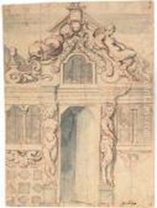 An Elaborate Facade With An Open
 Door Flanked By A Bacchante And A Satyr, A Window With A Broken 
Pediment Flanked By A Dolphin And A Satyress With A Ram Above