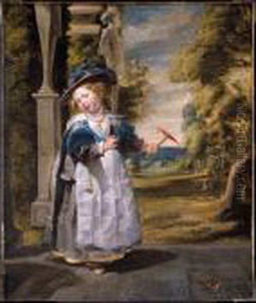 Portrait Of The Painter's
Daughter Anna Catharina, Full Length, Standing On A Terrace Holding Her
Pet Finch - view 1