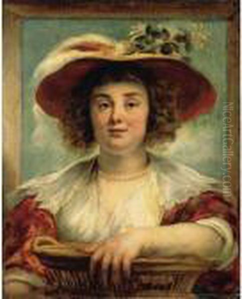 A Portrait Of The Artist's
Daughter Elizabeth, Half Length, Wearing A Straw Hat With A Sprig Of
Honeysuckle And An Ostrich Plume, Holding A Basket - view 1