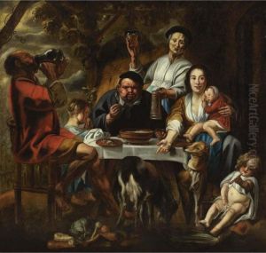 A Peasant Eating Porridge At A
Table Together With A Mother And Child And Other Figures Drinking And
Eating, Dogs In The Foreground by Jacob Jordaens