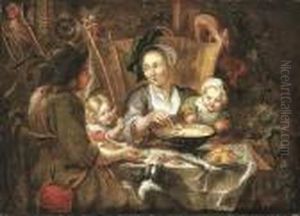 A Peasant Family Dining In An Interior by Jacob Jordaens