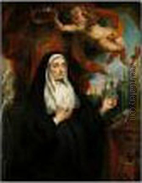 Portrait Of The Infanta Isabella
Clara Eugenia, As A Nun, Half-length In Prayer Before A Crucifix And
Crowned By A Cherub, With An Abbey Beyond - view 1