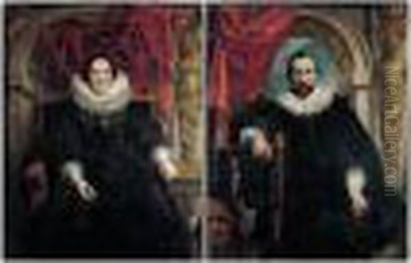 B) Portrait Of His Wife 
Catharina Behagel At The Age Of 38, Seated Three-quarter Length In Black
 With White Lace Cuffs And Ruff, Holding A Fan In Her Right Hand, Before
 An Apse Partly Covered By A Draped Curtain - view 1