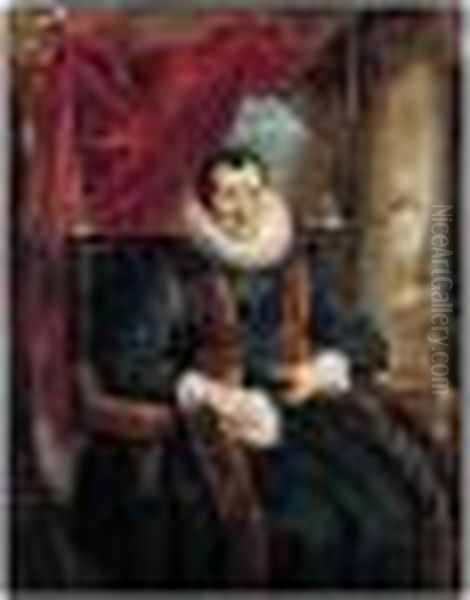 Portrait Of Magdalena De Cuyper,
Seated Three-quarter Length In Black, With White Lace Cuffs And Ruff,
And A Fur-trimmed Coat, Before An Opening Partly Concealed By A Draped
Red Cloth - view 1