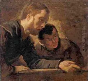 Study Of Two Men Seated At A Table, Possibly A Teacher And His Student