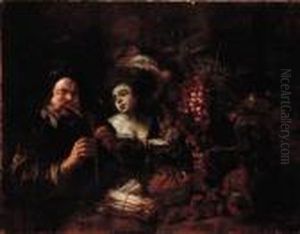 A Bagpipe Player And A Lady By A Table Laden With Fruit A Bagpipe Player And A Lady By A Table Laden With Fruit