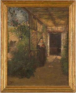 Monaca In Lettura Sotto Il Pergolato by Pio Joris