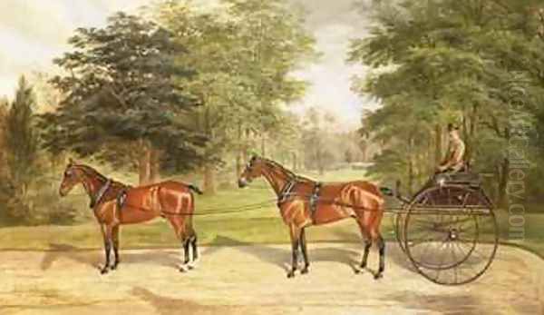 Two horses harnessed in tandem pulling a carriage 1883 - view 1