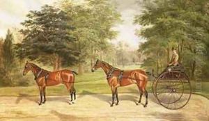 Two horses harnessed in tandem pulling a carriage 1883 by Benjamin Cam Norton