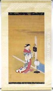 Japanese woman winding up a wall clock Edo Period 1600-1868 1700-50 by Sukenobu Nishikawa