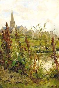 A church beyond a river by Alexandre Nozal