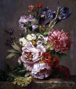 Irises peonies and other flowers in a vase by Lodewijk Johannes Nooijen