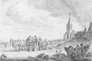 Fishermen loading their catch on a cart on the beach at Katwijk aan Zee by Cornelius van Noorde