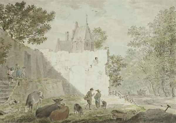 Peasants with cattle among ruins, a road to the right - view 1
