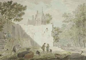 Peasants with cattle among ruins, a road to the right by Cornelius van Noorde