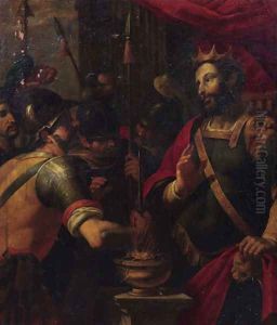 Mucius Scaevola showing his intrepidity before King Porsena by Adam van Noort