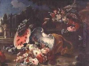 Still life mixed flowers and fruit near a fountain by dei Fiori (Nuzzi) Mario