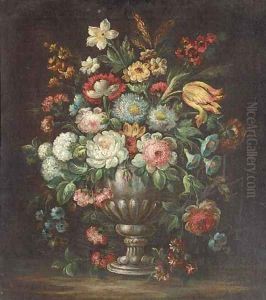 Roses, carnations, morning glory, a tulip and other flowers in a vase on a ledge by dei Fiori (Nuzzi) Mario