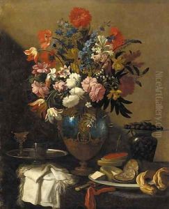 Roses, tulips, daffodils, morning glory, peonies and other flowers in an ormolu mounted vase, with olives, bread, meat, cheese and wine on a ledge by dei Fiori (Nuzzi) Mario