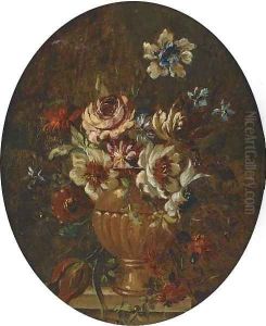 Mixed flowers in a vase on a stone ledge; and Mixed flowers in a vase on a stone ledge by dei Fiori (Nuzzi) Mario
