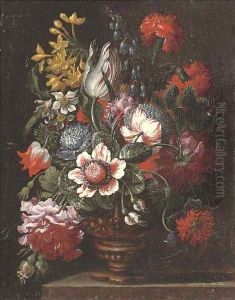 Parrot tulips, carnations, narcissi, roses and other flowers in an urn on a stone ledge by dei Fiori (Nuzzi) Mario