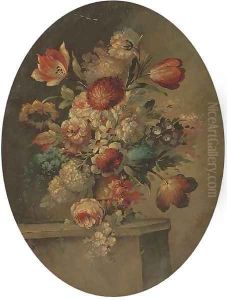 Parrot tulips, roses, chrysanthemums and other flowers in a vase on a stone ledge by dei Fiori (Nuzzi) Mario