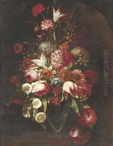 Parrot tulips, roses, narcissi, hydrangeas, convolvulus and other flowers in a glass vase in a niche by dei Fiori (Nuzzi) Mario