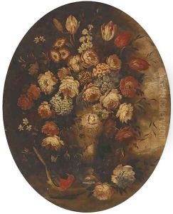 Roses, tulips and other mixed flowers in a chinese vase with a bird