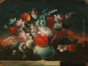Roses, tulips, peonies and other flowers in a vase on a stone ledge by dei Fiori (Nuzzi) Mario