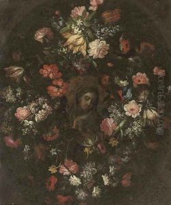 The Madonna at prayer in a floral cartouche
