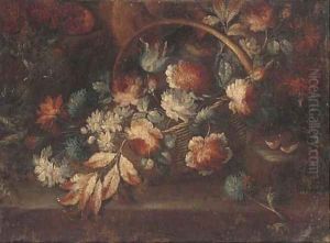 A basket of flowers on a ledge in a clearing by dei Fiori (Nuzzi) Mario