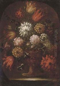 Chrysanthemums, tulips and other flowers in an urn, in a feigned oval