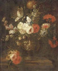 Parrot tulips, narcissi, roses, chrysanthemums and other flowers in an urn on a ledge