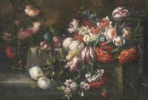 Roses, parrot tulips, morning glory and other flowers on a ledge by dei Fiori (Nuzzi) Mario