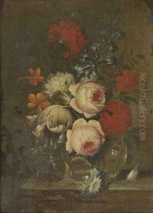 Roses, parrot tulips, narcissi and other flowers in glass vase on a ledge by dei Fiori (Nuzzi) Mario