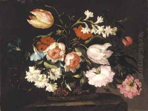 Roses, tulips, morning glory and other flowers in a basket on a stone pedestal