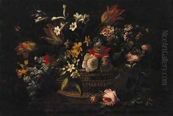 Flowers in a basket on a wooden ledge - view 1
