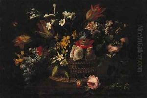 Flowers in a basket on a wooden ledge