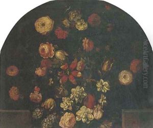Roses, tulips and other flowers in an urn on a ledge by dei Fiori (Nuzzi) Mario