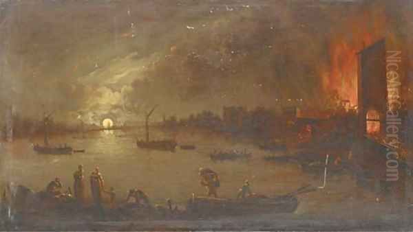 A river landscape by moonlight with people abandoning a blazing village by Aert van der Neer