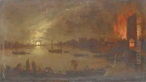 A river landscape by moonlight with people abandoning a blazing village