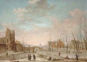 A winter landscape with figures playing kolf on a frozen river, a windmill and walled town beyond